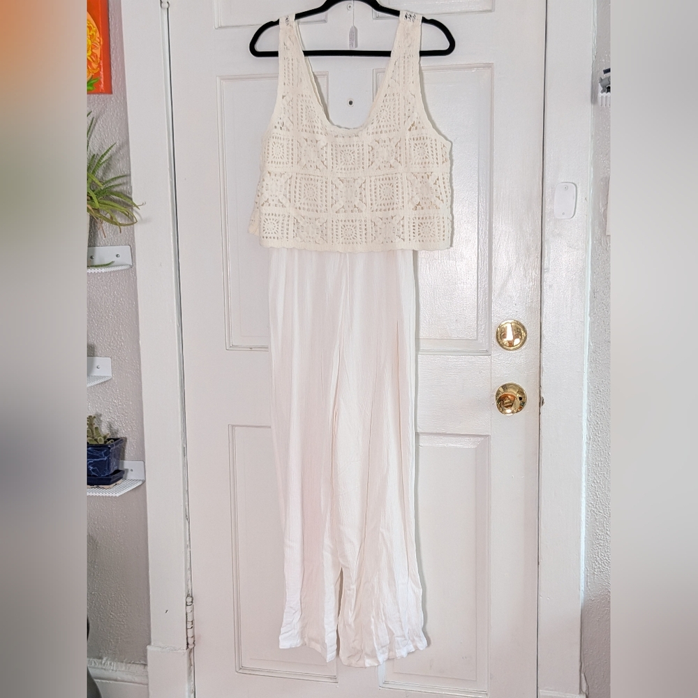 Three Dots Crochet Overlay Wide Leg Jumpsuit Cream Boho Size Large - Picture 3 of 7